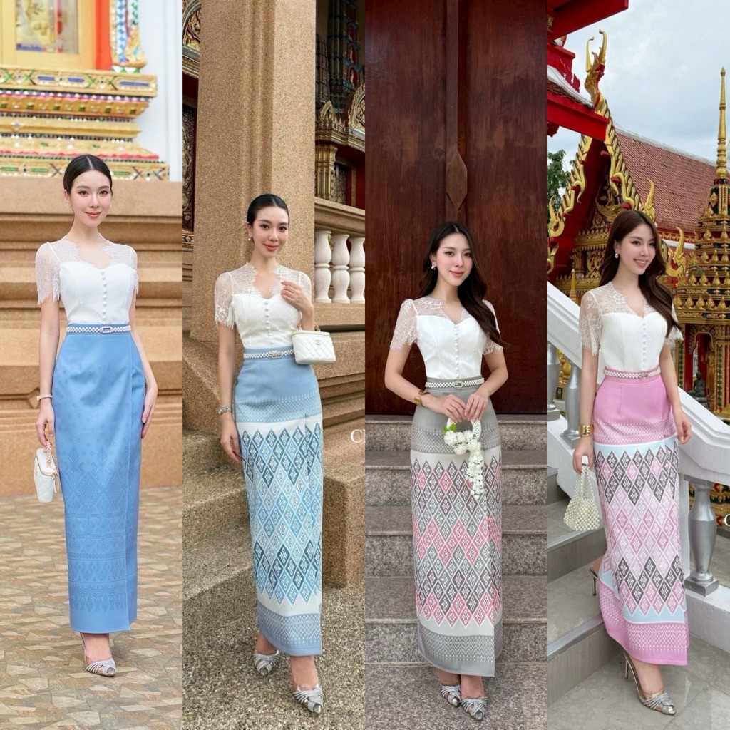 (พร้อมส่ง) Cherish : งานเซ็ท ชุดไทย ตัวเสื้อลูกไม้คอวีตกแต่งกระดุมตรงกลางซับในเกาะอกครึ่งตัว