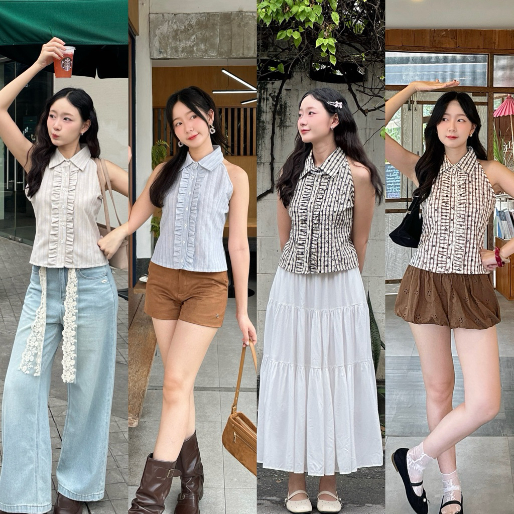 AGLEAMIN3011 | Canelé top เสื้อเชิ้ตคอปกแขนกุด