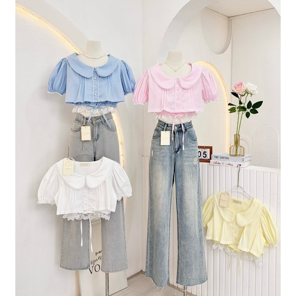 NN721 เสื้อครอบคอบัวแขนตุ๊กตา ชายเสื้อแต่งลูกไม้ Peekanong🌷