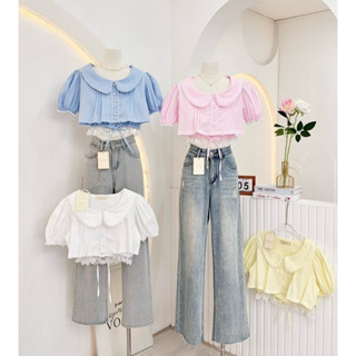 NN721 เสื้อครอบคอบัวแขนตุ๊กตา ชายเสื้อแต่งลูกไม้ Peekanong🌷