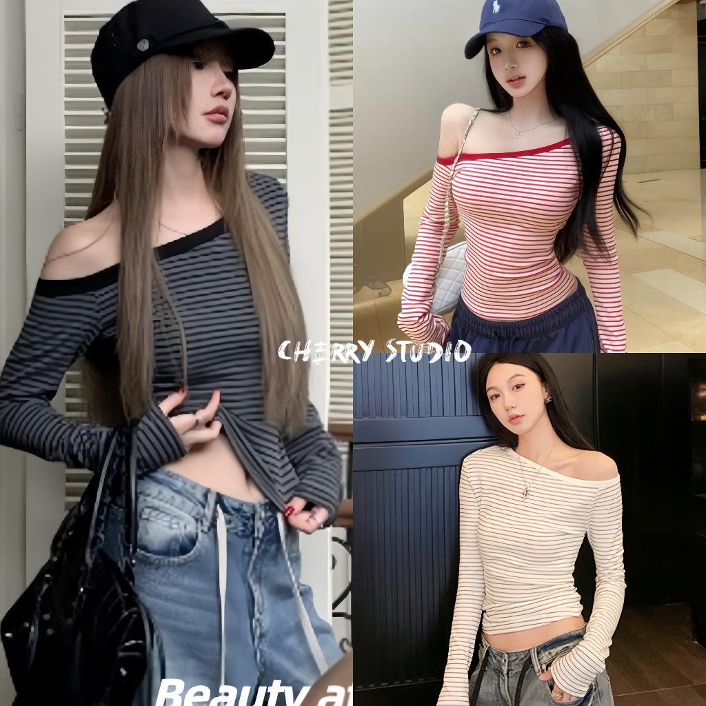 Cherry พร้อมส่ง🍒เสื้อยืดแขนยาว  เสื้อครอปรัดรูปผ้าดีแต่งตัวง่ายแฟชั่นผู้หญิงสไตล์เกาหลีสุดฮอตเสื้อปาดไหล่ลายทางสีตัดกัน