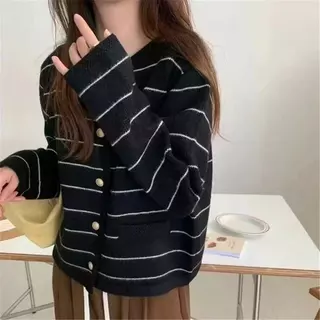🔥พร้อมส่งจากไทย🔥เสื้อสเวตเตอร์ถักคอกลมลายทางสไตล์หอมใหม่