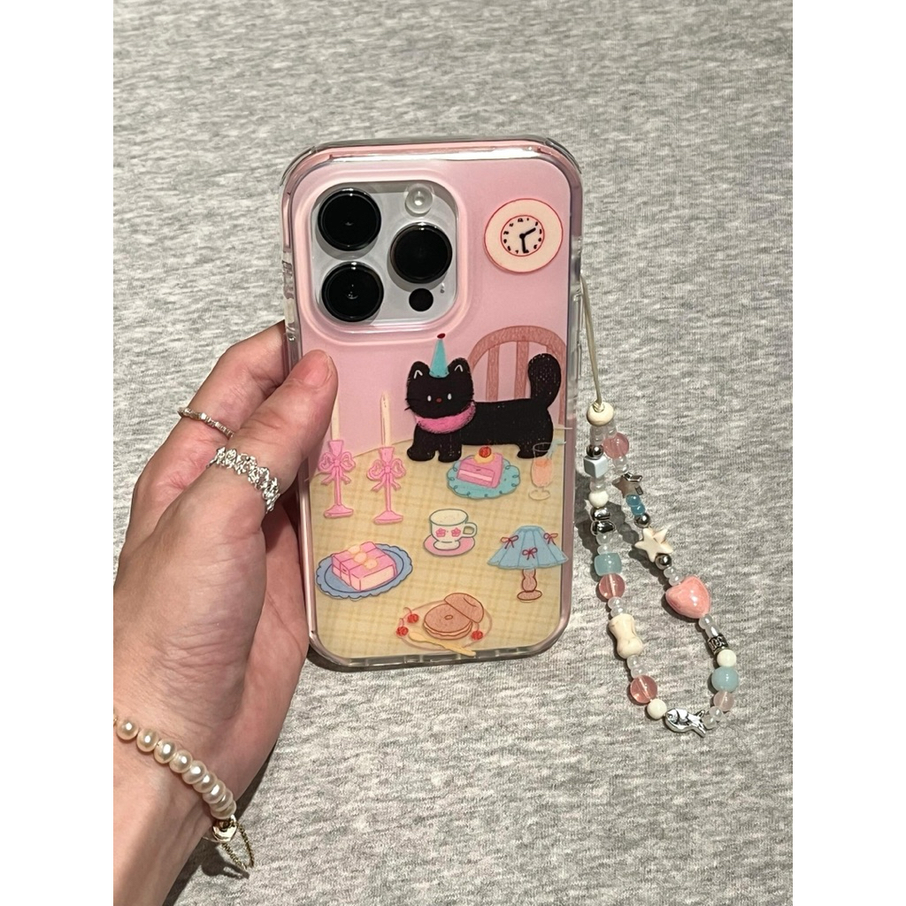 [14-16pm] เคสน้องเหมียวปาร์ตี้เค้กชมพู เนื้อผิวแมทกันรอยนิ้วมือ กันกระแทก