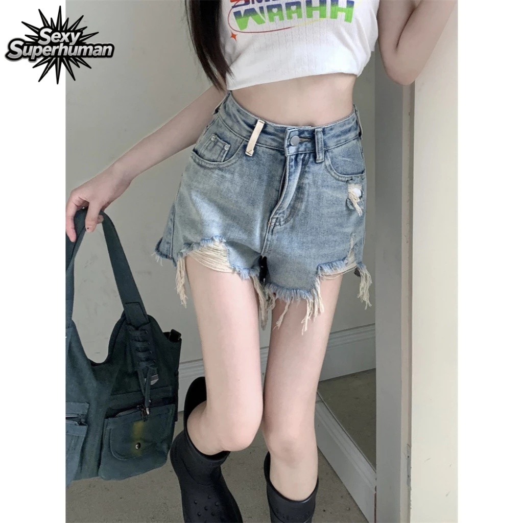 แฟชั่นกางเกงยีนส์ขาสั้นเอวสูง ทรงสวยเข้ารูป ปลายรุ่ยขาดขาเล็กน้อย ผ้ายีนส์แท้ สั้นสวมใส่สบาย - รูปที่ 4