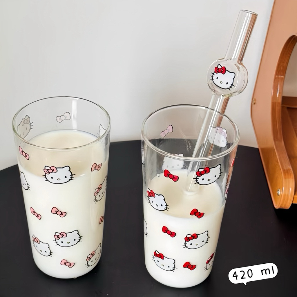 แก้วน้ำ ลายคิตตี้น่ารัก 420 ml วัสดุแก้ว ใส่ร้อนและเย็น พร้อมส่ง