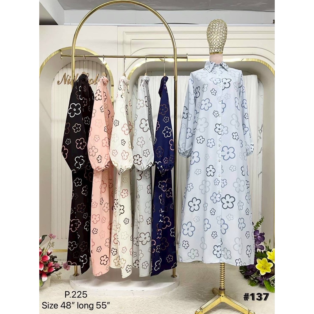 ชุดเดรสลายดอกมาใหม่ รหัส 225#137 ผ้าไหมอีตาลี คอปกกระดุมหน้าแขนยางยืด สวยใส่สบายมินิมอล