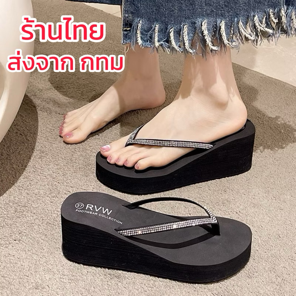 PALIN.BASIC รองเท้าแตะ  น้ำหนักเบามากๆใส่สบาย ส้นสูง ประดับเพชรแฟชั่น สูง 6.5 cm