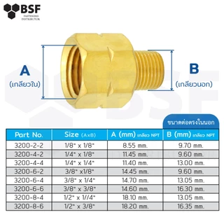 3200 ต่อตรงในนอก ข้อต่อทองเหลือง ขนาด 1/8" ถึง 1/2"