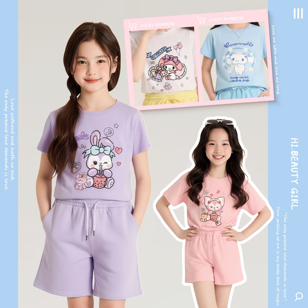 ชุดเด็ก ชุดแฟชั่น ชุดเสื้อแขนสั้นกางเกงขาสั้น ลายน่ารัก ผ้านุ่ม ใส่สบาย สำหรับเด็กผู้หญิง 2-12 ปี