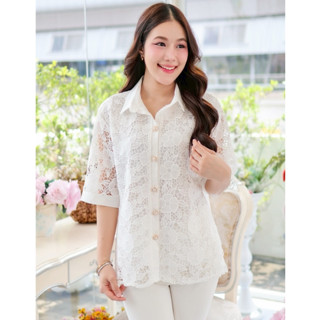 เสื้อลูกไม้สีขาว-สีฟ้า อก38-42/44-46/48-50นิ้ว ฟรีไซส์ หน้าผ…