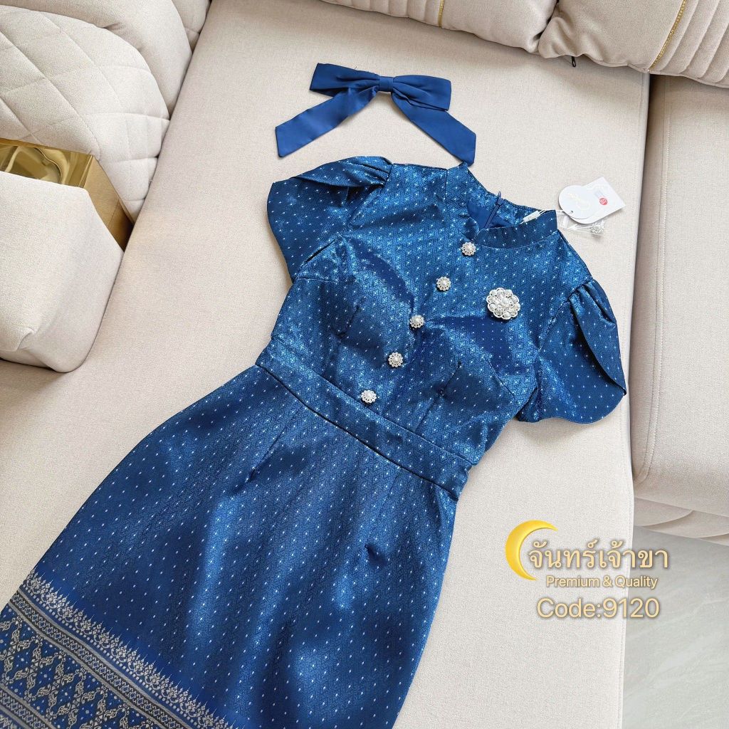 จันทร์เจ้าขา Code:9120 เดรสผ้าไทยมีซิบด้านหลัง สีกรม รูปที่ 4