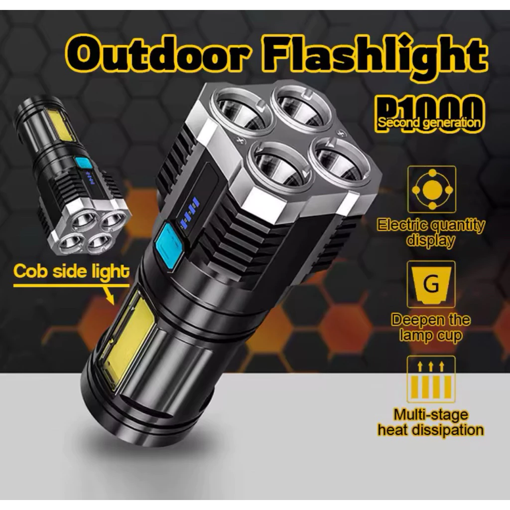 ไฟฉาย LED ชาร์จ USB ได้ไฟยุทธวิธีลูเมนสูงพร้อมด้วย COB LED 4X ไฟฉายสว่างที่สุดแบบมือถือไฟฉายพกพาสำหรับโคมไฟฉุกเฉิน