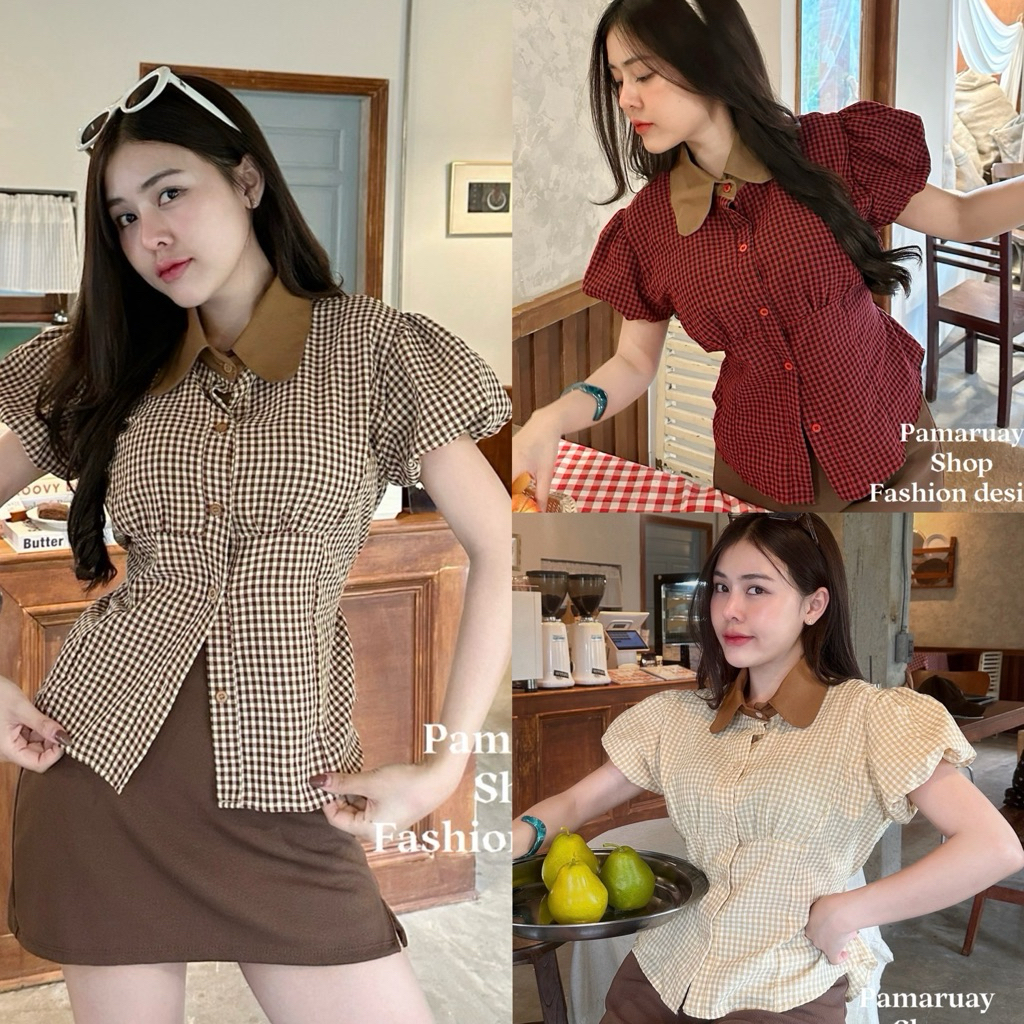 (P905)เสื้อคอปก แขนตุ๊กตา (อก40 นิ้ว/ยาว 22นิ้ว)ลายตรารางเล็ก ผูกโบว์หลัง กระดุมหน้า!! งานป้าย pamaruay