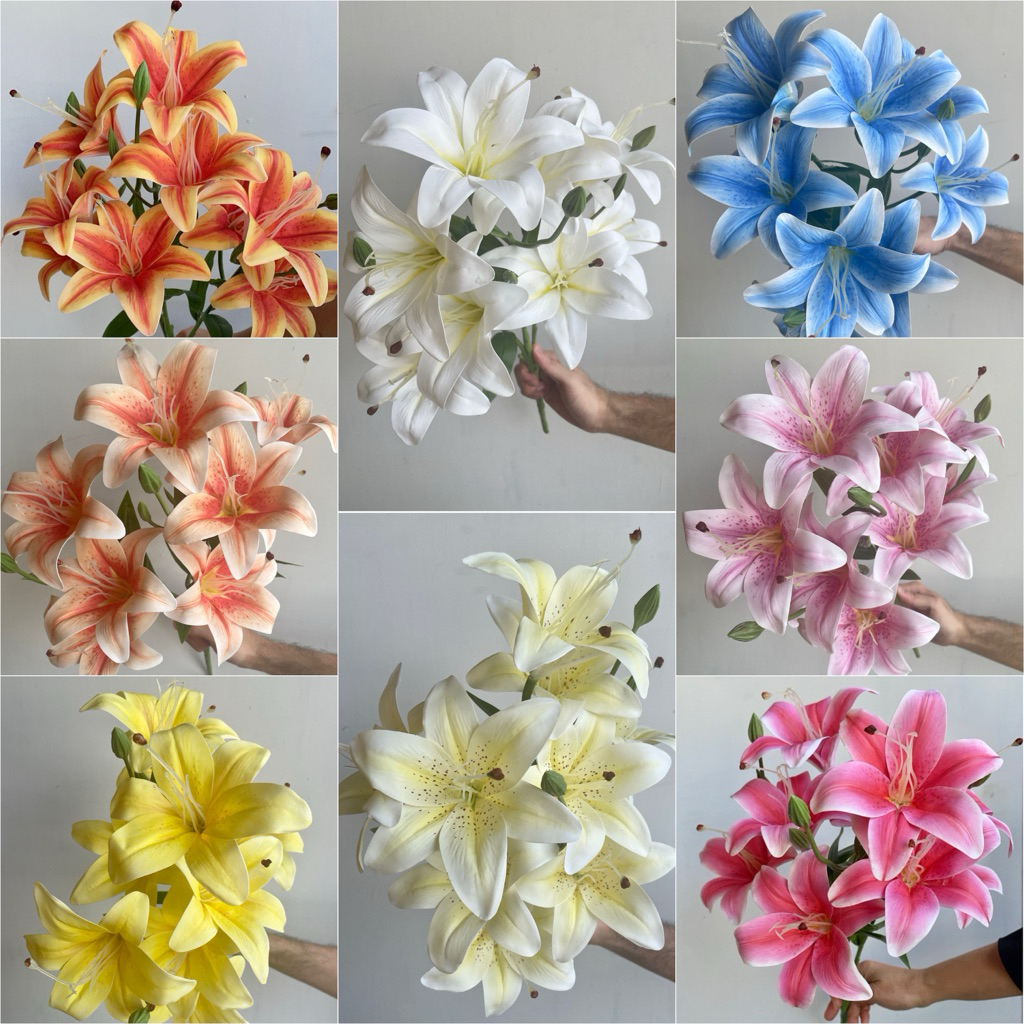 NEW พร้อมส่ง ดอกลิลลี่งานผ้าเคลือบพิมพ์ลายสามมิติ ช่อ9ดอก ดอกลิลลี่ปลอม Lily