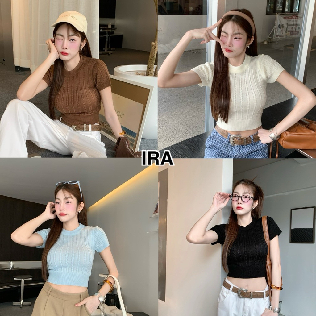 BY IRA Tammy top พร้อมส่ง เสื้อไหมพรมแขนสั้นถักลายเป็นแถวยาวใส่ดูเข้ารูปหุ่นเพรียว