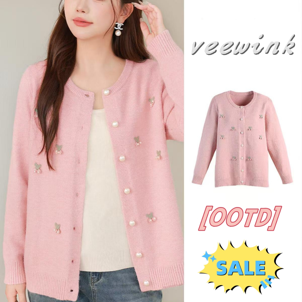 Veewink พร้อมส่งจากกทม เสื้อแจ็กเก็ตกันหนาว คอกลม ผ้าถัก ทรงหลวม ผ้ายืดใส่สบาย แต่งกระดุม สไตล์เกาหลี