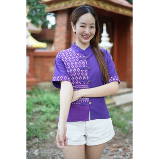 เสื้อลายขอทูโทนแต่งครึ่ง 5กระดุม (มีทั้งหมด 13สี)