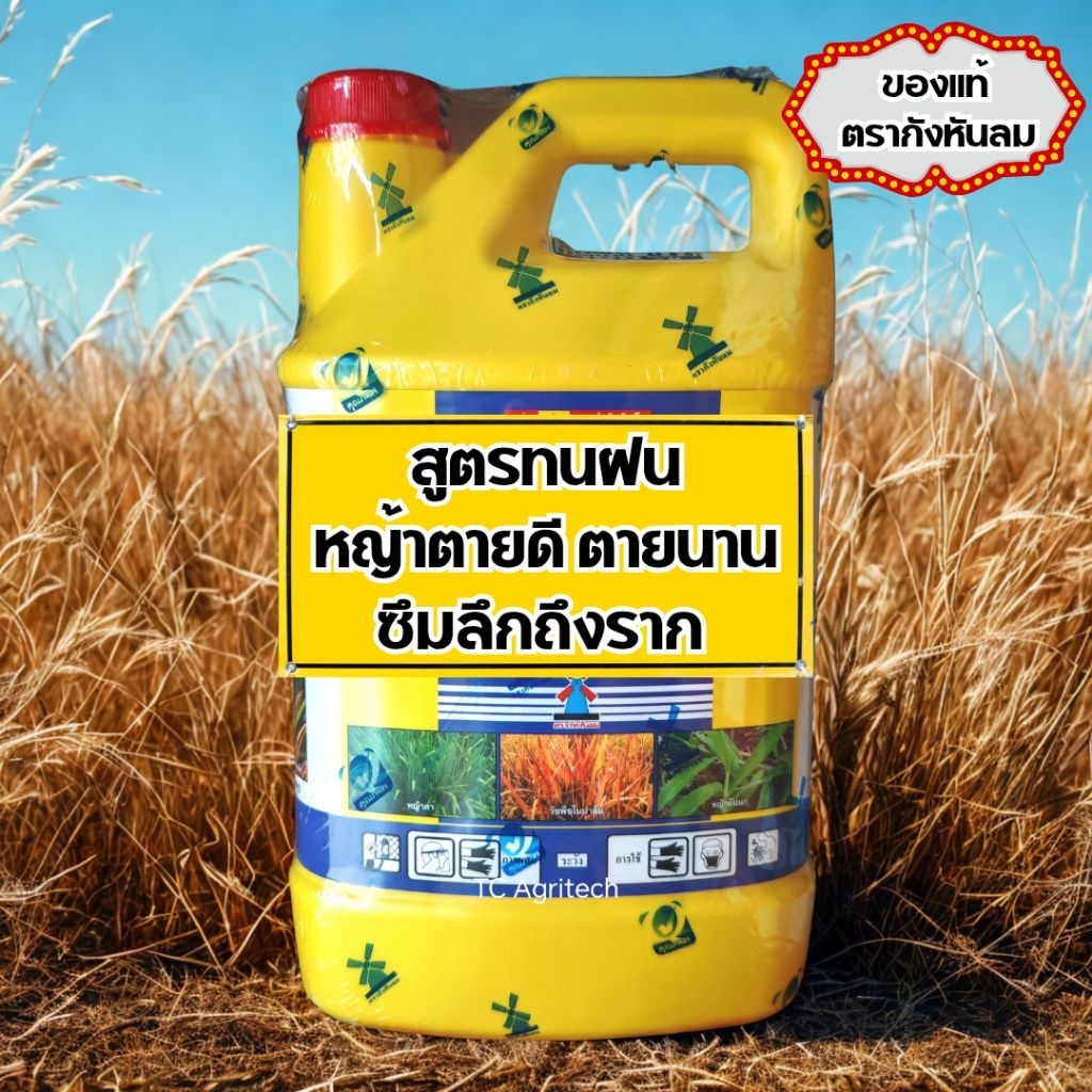แกลลอนเหลือง 4 ลิตร ทนฝน พรีเมี่ยมเข้มข้นกว่า ตรากังหันลม หญ้าขึ้นช้า
