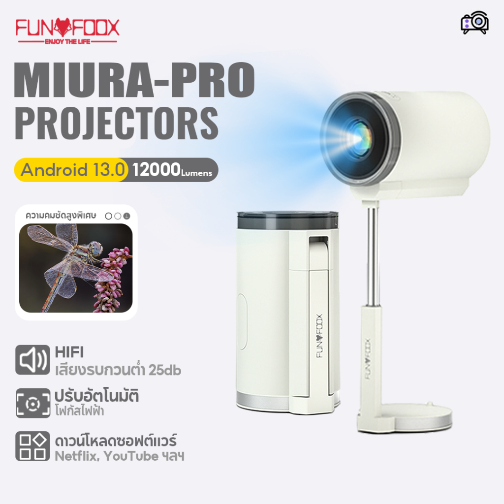 【แถมกระเป๋าเก็บของ】FUNFOOX MIURA projector+bag โปรเจคเตอร์ Max บลูทูธ 7500 ลูเมนส์ 1080P/720Pรองรับ 