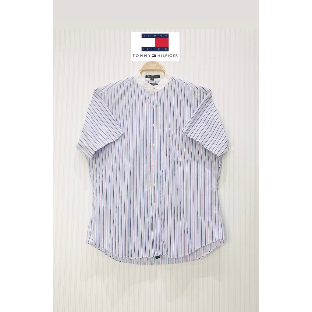 เสื้อเชิ้ตคอจีนลายทางแขนสั้น TOMMY HILFIGER แท้ 💯(มือสอง-ใหม่เทียบมือ 1)