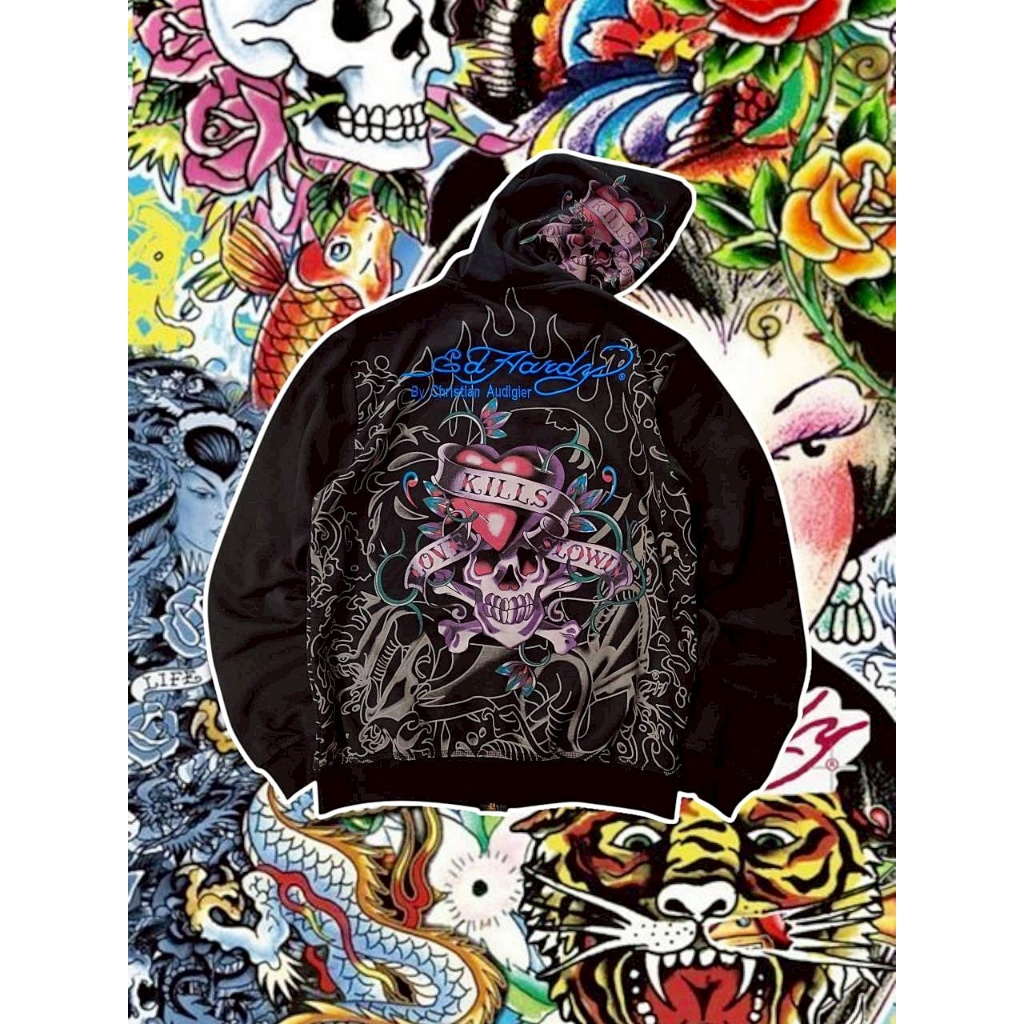 #EdHardy เสื้อสเวตเตอร์ฮู้ด Streetwear มือสองแบรนด์แท้ size L