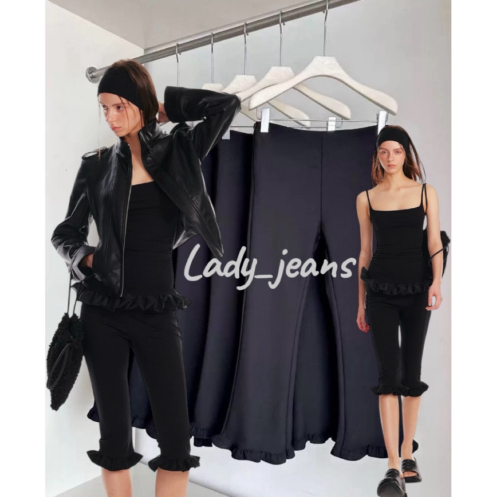 Lady_jeans(Mo)พร้อมส่ง กางเกง Frill Capri Pants แต่งระบายขา ซิปซ่อนด้านข้าง