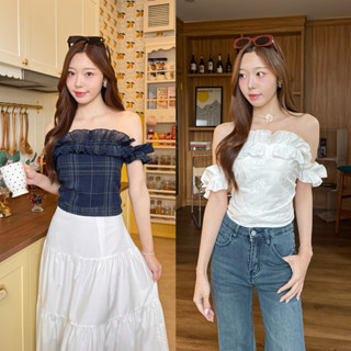 littlesoulmate เสื้อครอปปาดไหล่ เกาะอกปาดไหล่ แขนพอง สไตล์เก…
