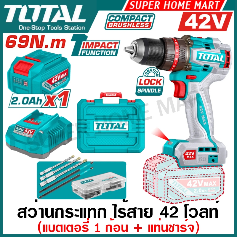 Total สว่านกระแทก 69 N.m ไร้สาย 42 โวลท์ (แบต 1 ก้อน + แท่นชาร์จ) รุ่น TIDLI426981 ( Impact Drill ) สว่านเจาะปูน