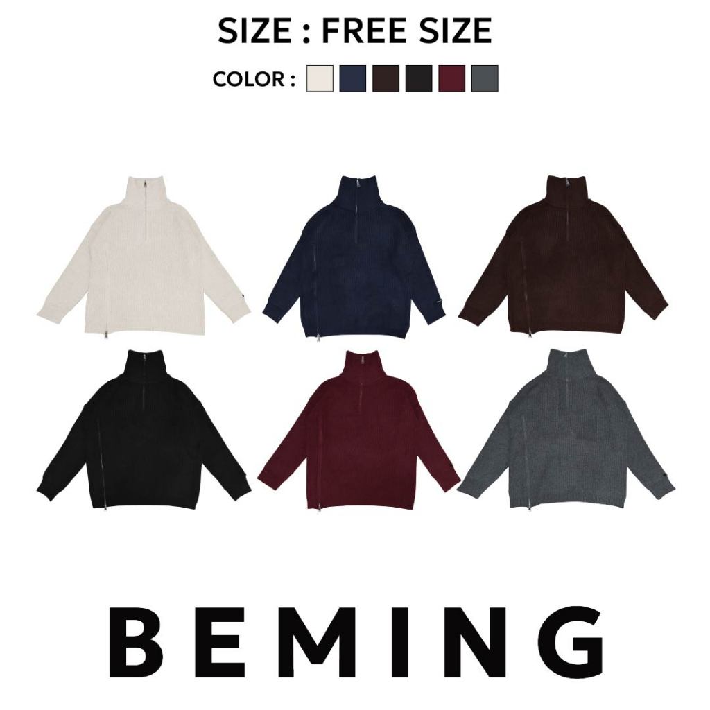 Bemingtop1024(Freesize)-BMG Half-Zip Ribbed Knit – เสื้อไหมพรมคอซิปทรงโอเวอร์ไซซ์ ถักลายเนื้อนุ่ม