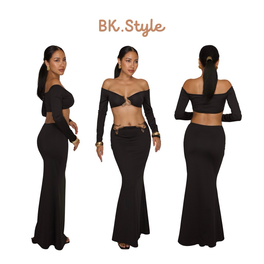 BK STYLE รุ่น Rihanna ชุดเซ็ตสายฝอ เสื้อแขนยาวปาดไหล่ กระโปรงยาว