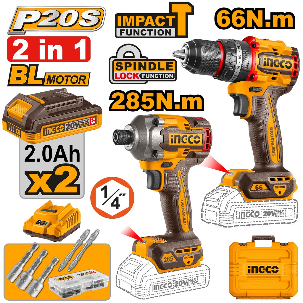 INGCO Combo set สว่านกระแทกไร้สาย 66 Nm และ สว่านไขควงกระแทกไร้สาย 285 Nm CKLI20277