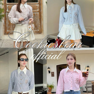 cookiesbear | เชิ้ตคอปกแขนยาว ผ้าคอตตอนลายริ้วตัดขอบปกแขน กร…