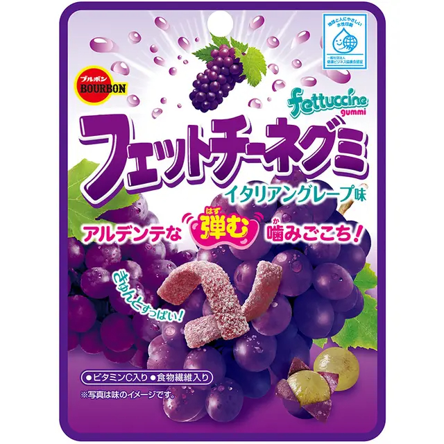 เบอร์บอน วุ้นเจลาตินสำเร็จรูปรสองุ่น 50 กรัม Bourbon Fettuccine Gummi Italian Grape Aji 50g.