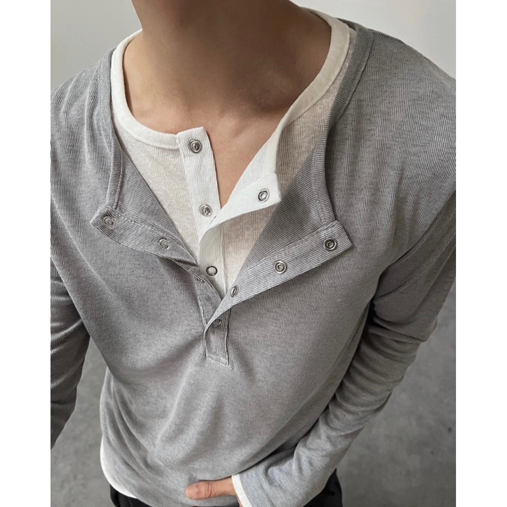 Layered Henley Long-Sleeve Shirt เสื้อแขนยาวทรงพอดีตัว  A2 - รูปที่ 3