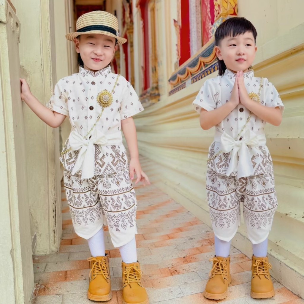 ชุดไทยเด็ก ใส่ไปวัด ชุดไทยเข้าพรรษา ชุดไทยสีขาว / พร้อมส่ง - (ลายฉัตรา) ผู้ชาย