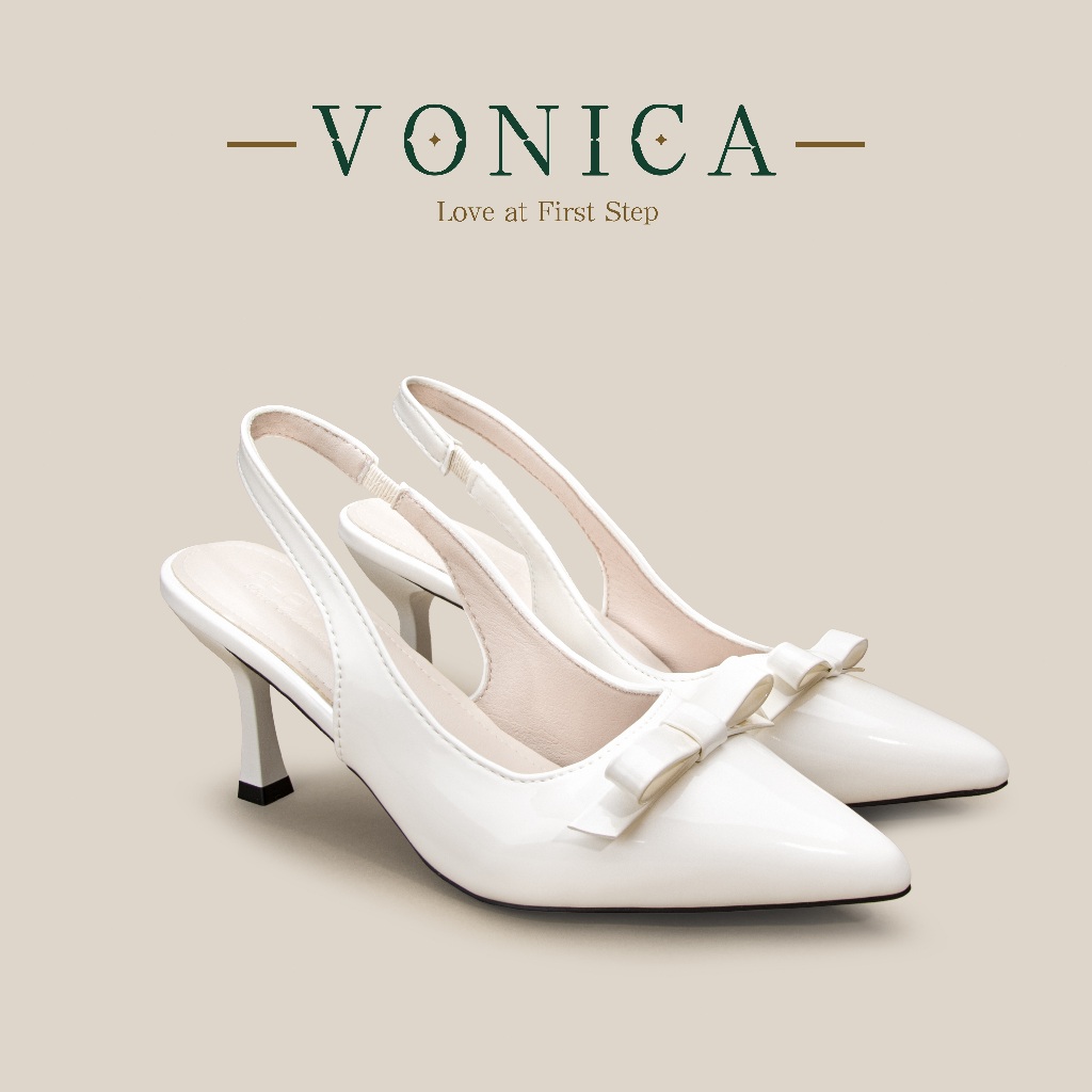 VONICA รองเท้าส้นเข็มสตรีสไตล์ดอลลี่แฟชั่นสีเบจ ทรงเอลิแกนต์
