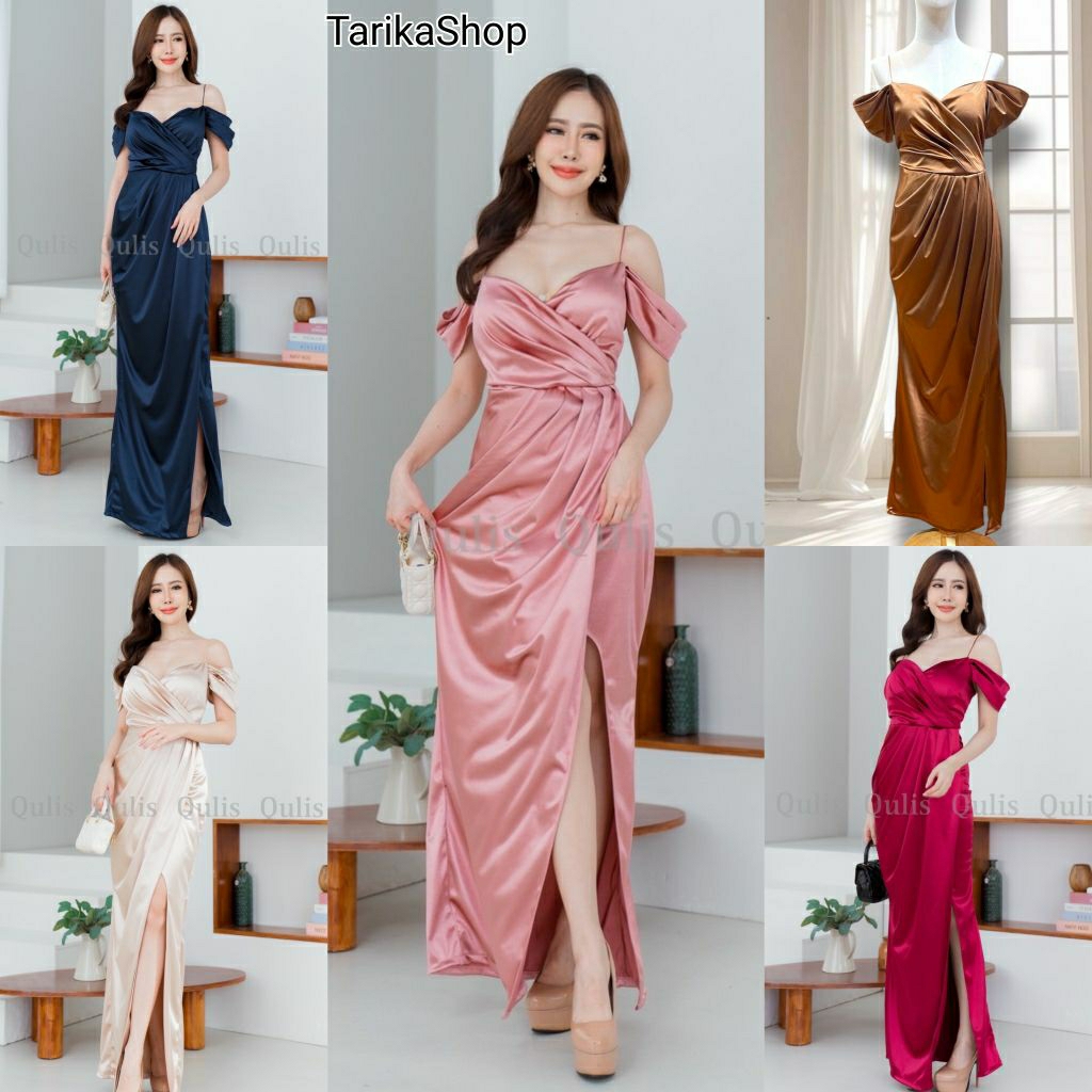 พร้อมส่ง ชุดราตรียาว ผ้าซาตินยืด สาว S,M,L ใส่ได้ค่ะ ชุดออกงาน แต่งจีบอกเอว เกาะไหล่ แม็กซี่เดรส Maxidress เดรสยาว Satin