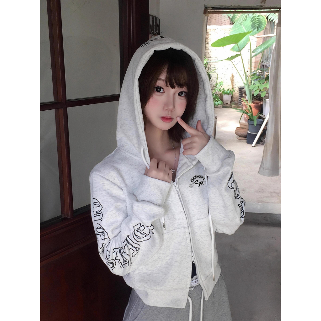 [Street style hip-hop print, zip-up hoodie]เสื้อคลุมฮู้ดซิปสั้นพิมพ์ลายย้อนยุคสุดเทรนด์สำหรับผู้หญิงเกาหลี ราคา ถูกที่สุด ดีลบีเคเค แกลเลอรีภาพที่ 3