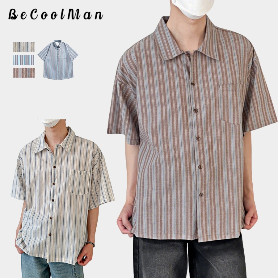 BECoolMan เสื้อเชิ้ตลายทางสำหรับผู้ชาย คอปกแบบคลาสสิก ตกแต่งกระเป๋าเดียว เรียบง่ายและใจกว้าง สิ่งจำเป็นในชีวิตประจำวัน