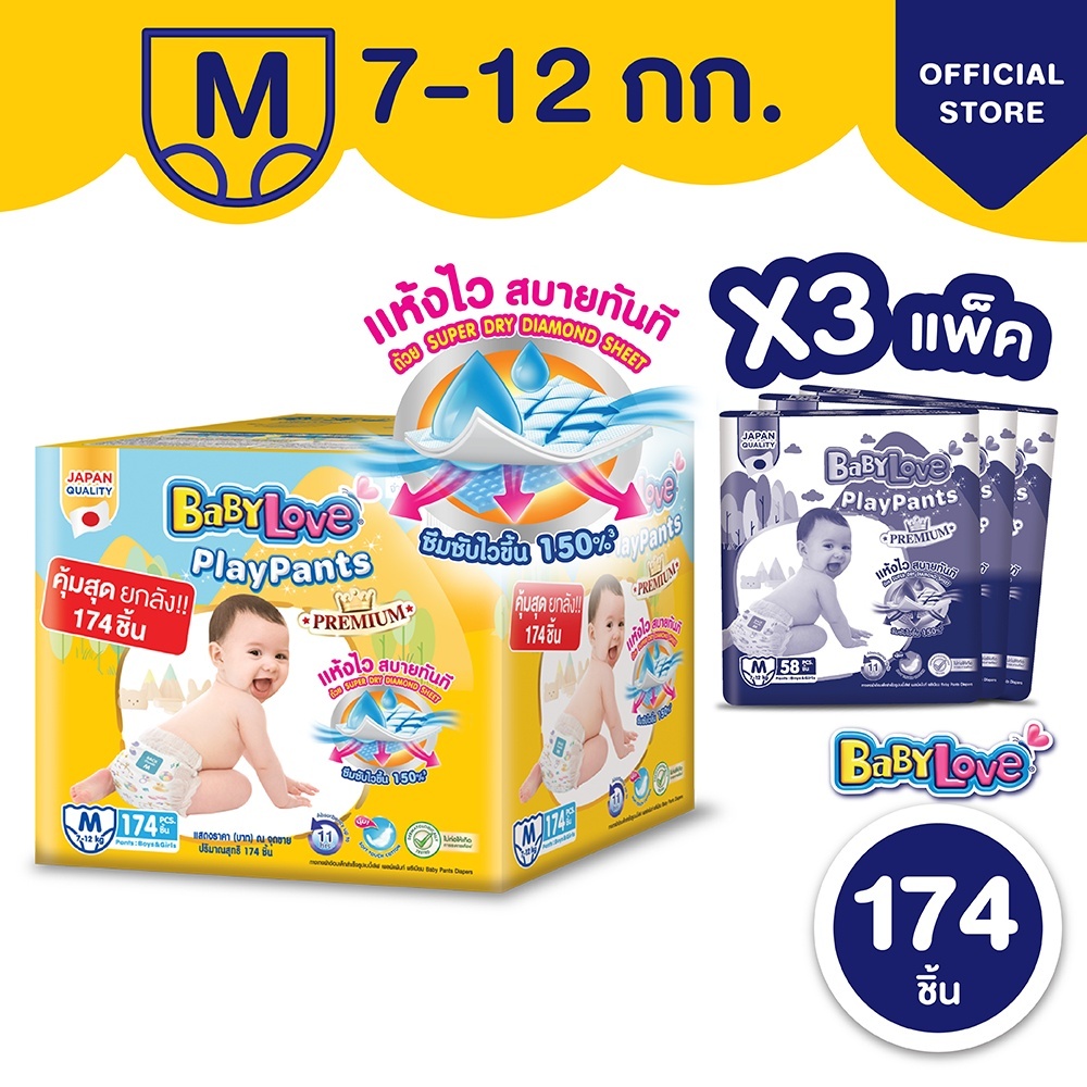 BABYLOVE PLAYPANTS TOYBOX เพลย์แพ้นส์ พรีเมี่ยม ลังซุปเปอร์เซฟ จัมโบ้ ไซส์ M (58x3 แพ็ค)