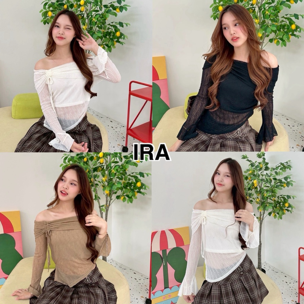 BY IRA (2379/1372) Chiffon Tube Top เสื้อยืดแขนยาว เปิดไหล่ ผ้าตาข่าย แบบผูกเชือก ทรงไม่สมมาตร สําหรับผู้หญิง