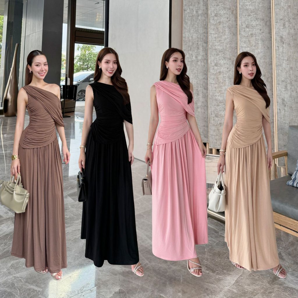 (Preorder พร้อมส่ง 04/12) NOOZZSHOP 5911564 แม็กซี่เดรสผ้ายืด ไหล่ข้างเดียว ชุดไปงาน