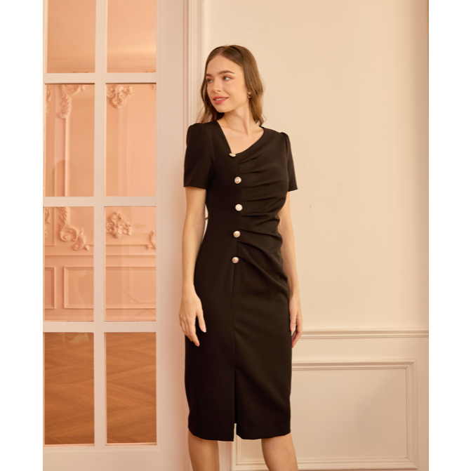 KADE เดรส รุ่น Amary dress เดรสทรงสอบคอตัดเฉียง แต่งกระดุม (KAD99)