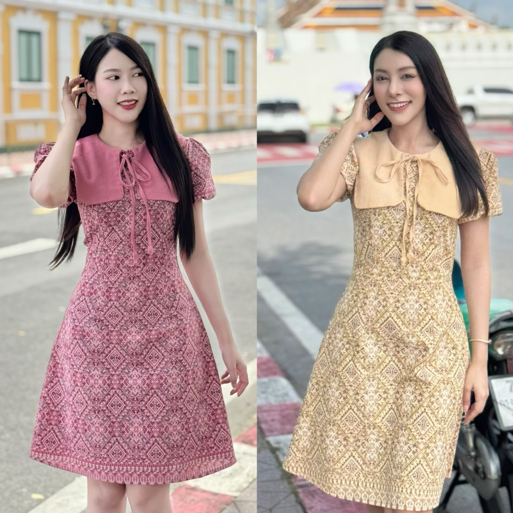 TANTANOD-รหัสTL4 เดรสคอปกใหญ่กระโปรงทรงเอ แขนตุ๊กตา(ผ้าฝ้ายพิมพ์ลาย)