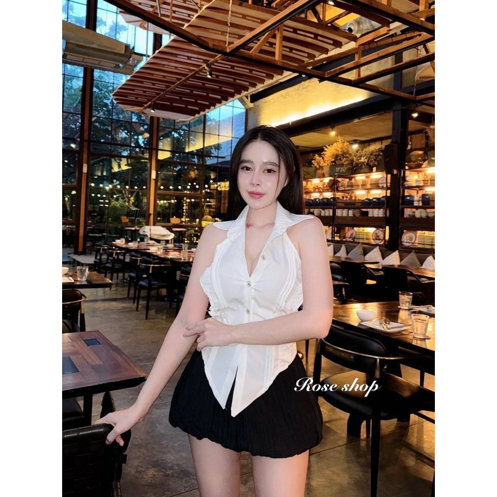 Phapassz - เซท2ชิ้น เสื้อคอปกคล้อง ติดโบว์หลังเว้าดึงยางหลัง มาพร้อมกระโปรงบอลลูน มีซับในกางเกง #Ont