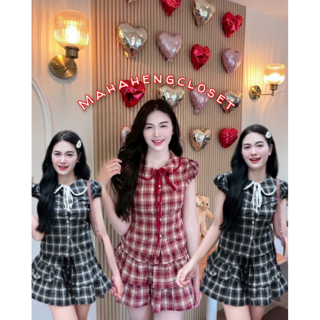 💰MahahengCloset💰เสื้อคอบัวลายสก็อต ผูกหลังสุดน่ารัก แขนตุ๊กตาแต่งกระดุม ผ้านิ่มใส่สบาย ลุคคุณหนูสุดปัง💕