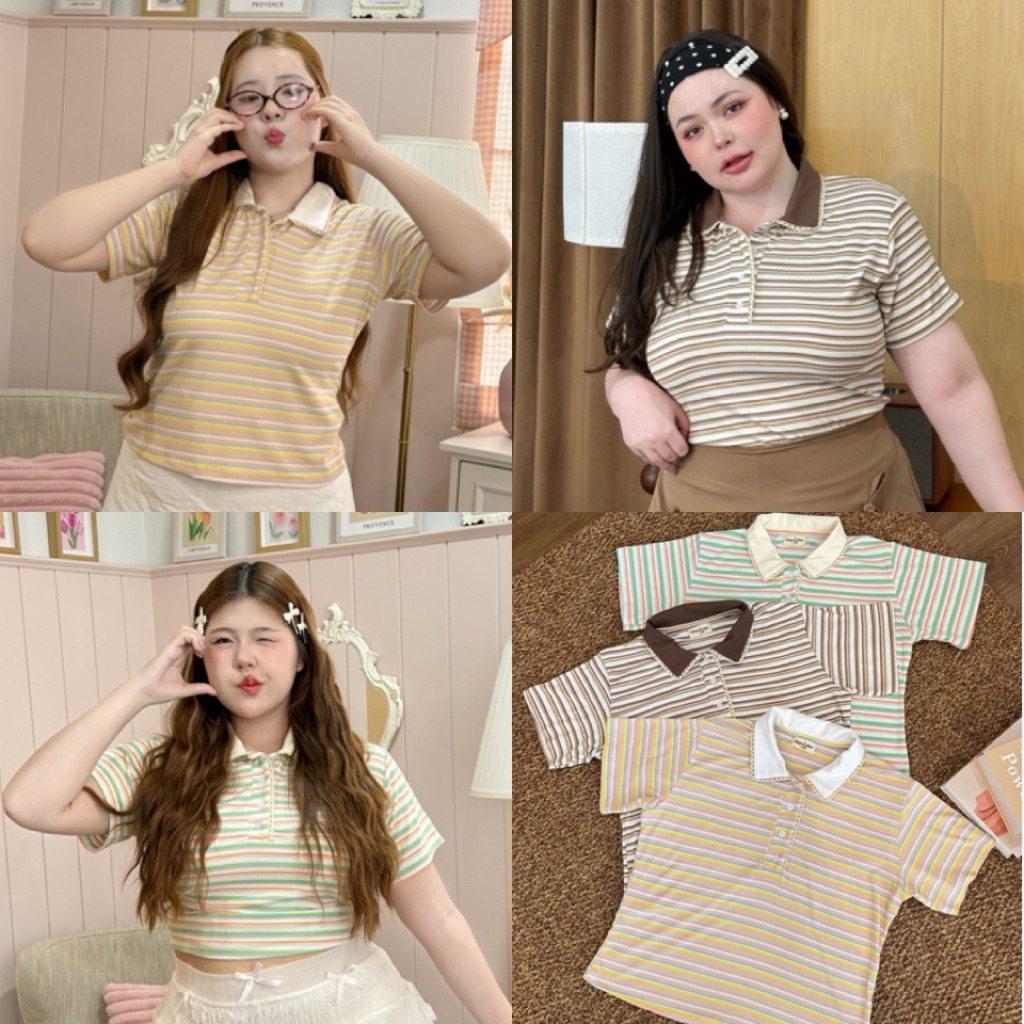 LD เสื้อคอปกโปโลแขนสั้น ลายริ้วโทนหวานๆ ผ้ายืดยูนิโคล่ ใส่สบาย ไซส์ใหญ่ สาวอวบ