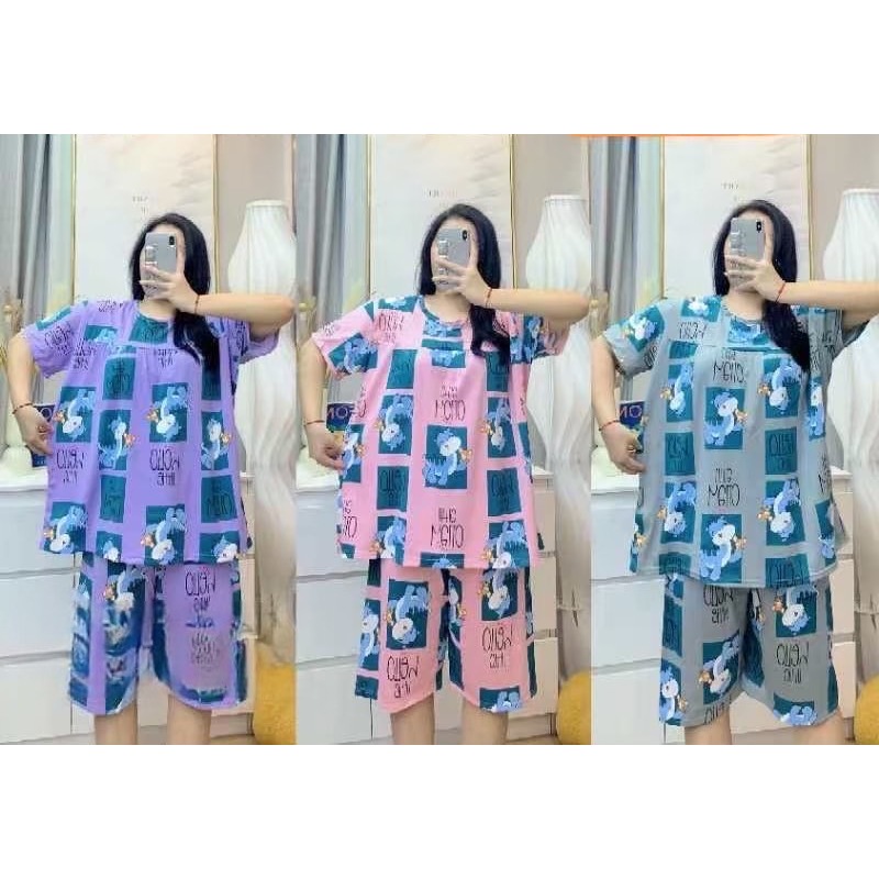 ชุดนอน ชุดนอนฟรีไซส์ใหญ่ 6XL เสื้อแขนสั้น+กางเกงขาสั้น รุ่นเสื้อไม่มีกระเป๋าข้าง #ตะกร้า 2