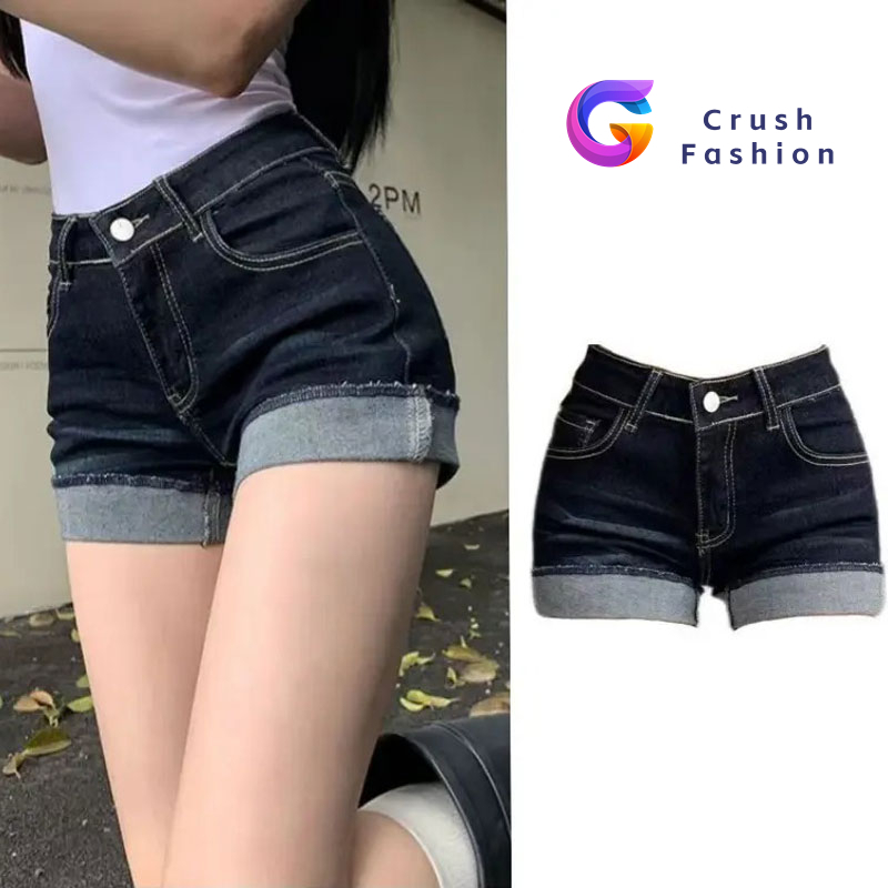Crush✨กางเกงยีนส์ขาสั้นมหาชน ใส่แล้วขาเรียว สัดส่วนเฟิร์มสุดๆ ดีไซน์ขอบม้วนลุคใหม่ เนื้อผ้าซoft stretch ยืดหยุ่นใส่สบาย