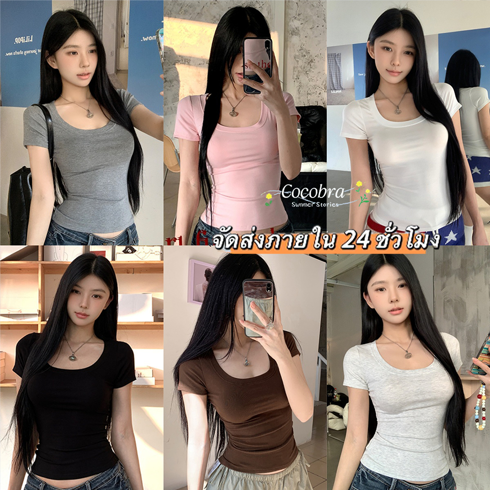 🌸พร้อ​มส่ง🌸เสื้อผ้าผู้หญิงเกาหลี เสื้อยืดแขนสั้น เสื้อตัวสั้นสาวฮอต ทรงเข้ารูป รัดเอว รัดรูป เซ็กซี่